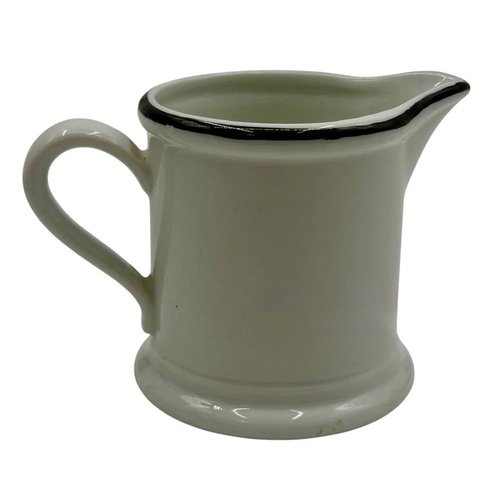 White Ceramic Creamer Pitcher Farmhouse Scene‎ Black Rim Japan